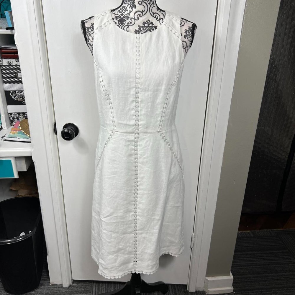 Ann Taylor white embroidered trim knee length linen dress